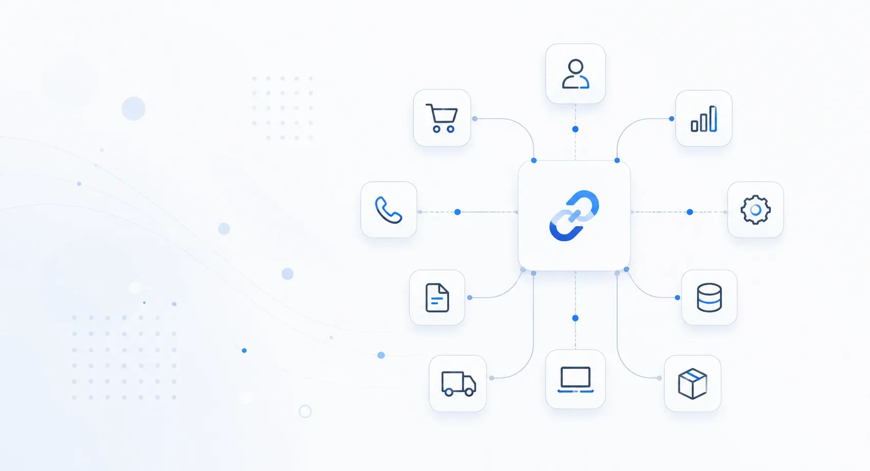 Схема интеграции систем: CRM, ERP, учётные системы, телефония и маркетплейсы связаны через API