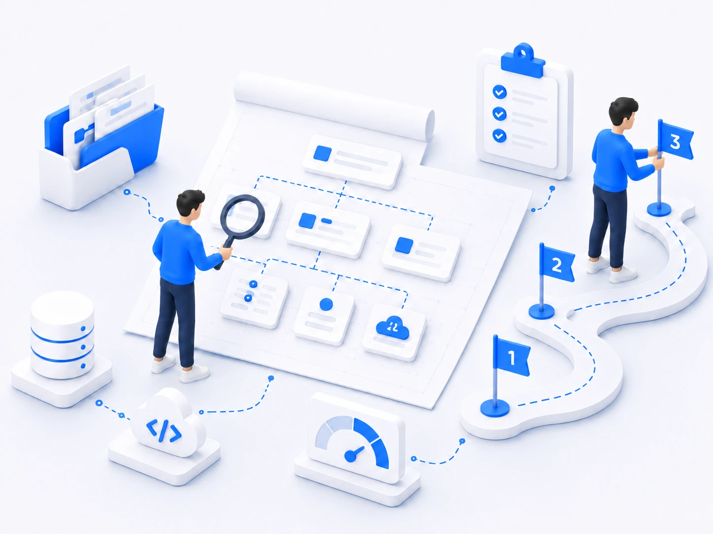 Предпроектный аудит: аналитик изучает схему системы, рядом roadmap проекта с контрольными точками